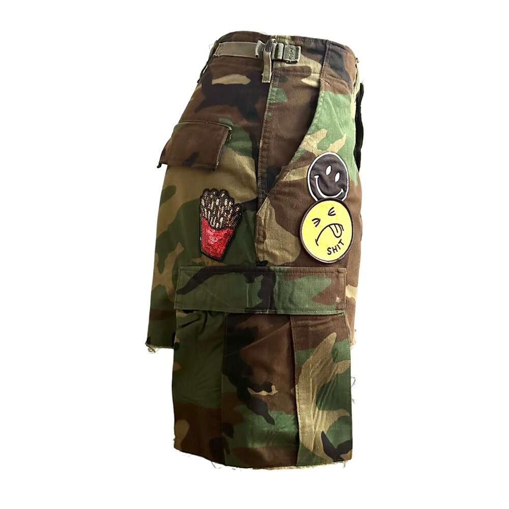 "Kamikaze" Handmade Woodland Camo Cargo Patched Army Skirt, Fits Size S-M, 1of 1